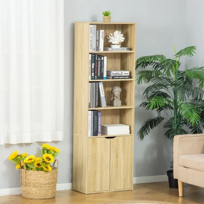 HOMCOM Bücherregal mit 4 offenen Fächern und 2 Türen für Wohnzimmer und Büro 59x29x180 cm Naturholz