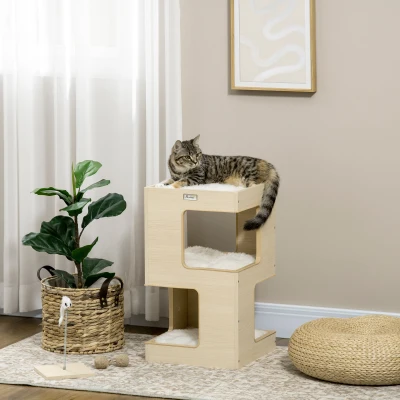 PawHut Toca em Barril para Gatos, Toca para Gatos, 2 Níveis, incl. Brinquedo, 34 cm x 34 cm x 60 cm, Natural + Cinza Claro