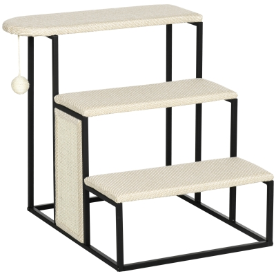 PawHut Escada para Gatos, com arranhador, 3 degraus, bolinha de brincar, robusta, Aço+Sisal, creme branco+preto, 51 x 54 x 53cm