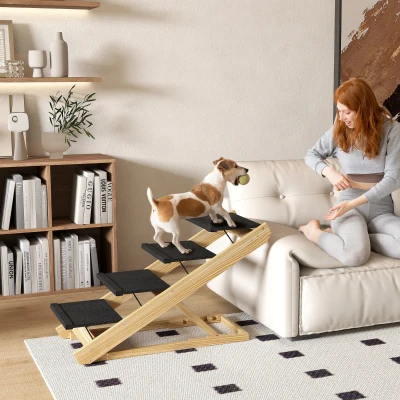 PawHut Escada para cães, Rampa para cães, altura ajustável, antiderrapante, dobrável, 83x40x62,5 cm, Madeira/Branco