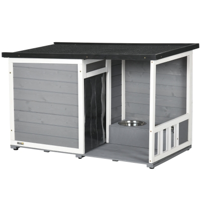 PawHut Casota em madeira maciça, com 2 tigelas, varanda, resistente às intempéries, 103 cm x 62 cm x 66 cm, Cinza + Branco