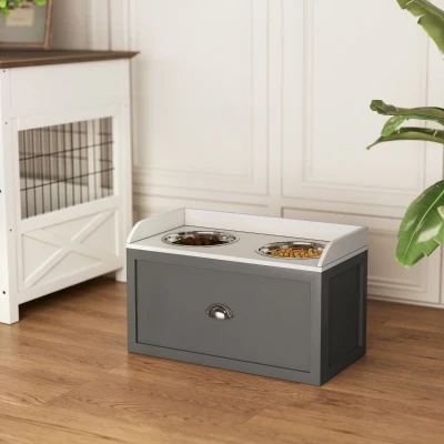 PawHut Porte-Gamelles Surélevé 2 en 1 avec Rangement Blanc