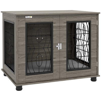 PawHut Caixa para cães com almofada, até 20 kg/50 cm de comprimento corporal, metal, 80x56x63cm, Cinza/Acabamento em madeira