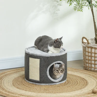 PawHut Toca para gatos, 2 andares, casinha para gatos, pelúcia, almofada, Sisal-Kratzbrett, Φ40 x 30H cm, cinza escuro