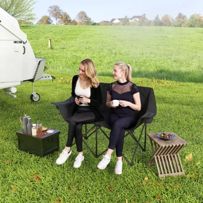 Outsunny Cadeira dobrável 2 lugares Cadeira de camping com bolsa de transporte Outdoor suporta até 250kg 145 x 60 x 92 cm Preto