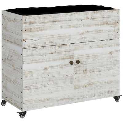 Outsunny Canteiro elevado com rodízios, compartimento com armário, forro interior, visual envelhecido, 110x50x95 cm, Branco
