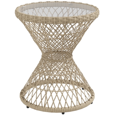 Outsunny Mesa de centro Mesa de apoio Design Boho, Tampo de vidro, PE-Rattan, 45 cm x 45 cm x 52 cm, Natural