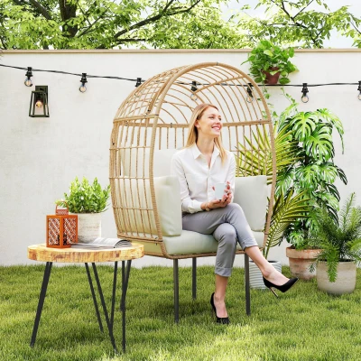 Outsunny Poltrona de Vime em Forma de Ovo com Almofada Removível, Estofada, Poltrona para Exterior em Vime 95 x 80 x 155 cm Bege