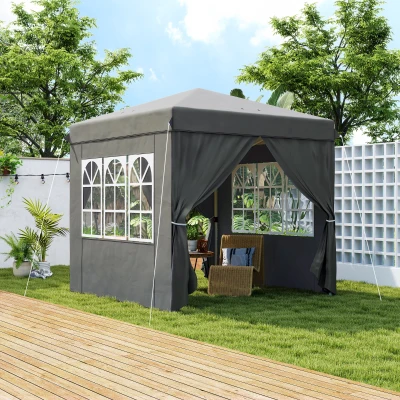 Outsunny 2,5 x 2,5 m Pavilhão pop-up com paredes laterais e bolsa de transporte, UPF50+ tenda de jardim com altura ajustável, Cinzento escuro