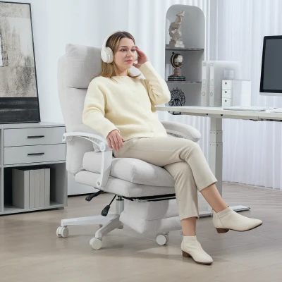 HOMCOM Poltrona giratória, aparência de linho, altura ajustável, reclinável até 160°, apoio para os pés, Creme branco