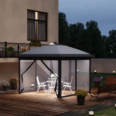 Outsunny 3,3 x 3,3 m Pavilhão dobrável com iluminação LED, cortinas de malha, bolsa de transporte, Cinza