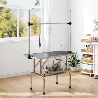PawHut Table de toilettage pour chien pliante potence H-forme inox réglable 2 sangles panier 107 x 60 x 164 cm noir