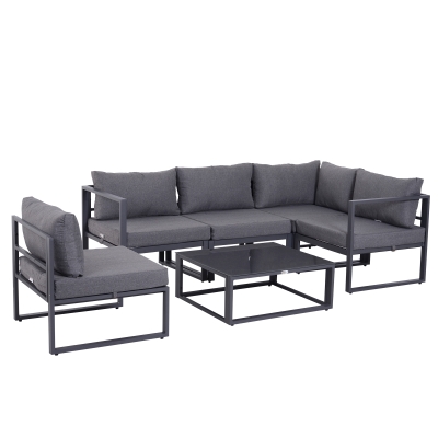 Outsunny Conjunto de Jardim 6 pçs Conjunto de Sofá Exterior Mobiliário de Jardim Alumínio + Poliéster + Vidro Temperado Cinza 4 x Poltronas 1 x Sofá de Canto 1 x Mesa de Apoio Almofadas para 4–5 Pessoas