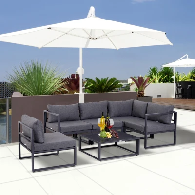Outsunny Conjunto de Jardim 6 pçs Conjunto de Sofá Exterior Mobiliário de Jardim Alumínio + Poliéster + Vidro Temperado Cinza 4 x Poltronas 1 x Sofá de Canto 1 x Mesa de Apoio Almofadas para 4–5 Pessoas