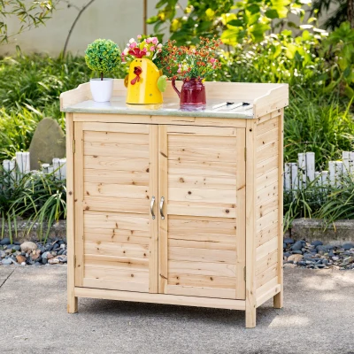 Outsunny Armário de jardim com 2 compartimentos, superfície de trabalho em metal com rebordo, Madeira natural, 83 x 40 x 92 cm