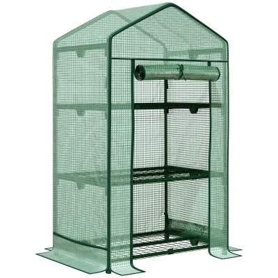 Outsunny Mini-estufa Estufa de germinação com cobertura plástica e 3 prateleiras Porta enrolável Canteiro de legumes
