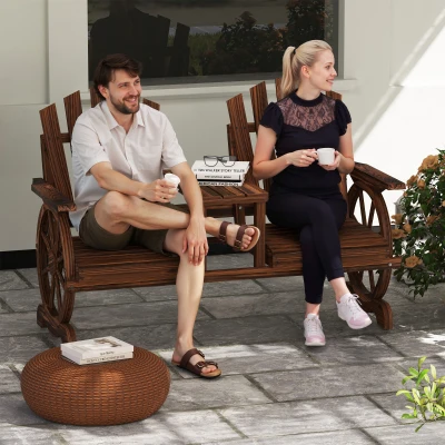Outsunny Banco de Jardim 2 Lugares em Madeira Resistente às Intempéries com Orifício para Guarda-sol Pernas em Forma de Roda de Carroça 154x65x102 cm Carbonizado