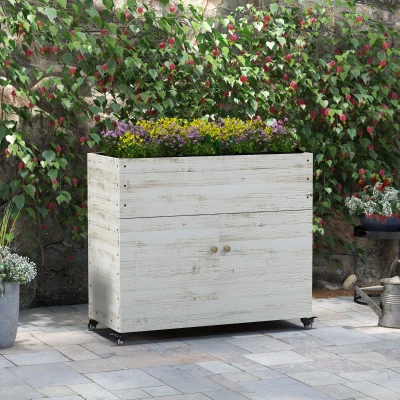 Outsunny Canteiro elevado com rodízios, compartimento com armário, forro interior, visual envelhecido, 110x50x95 cm, Branco