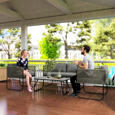 Outsunny Conjunto de Móveis para Jardim em Polyrattan Lounge com Sofá Poltrona Mesa Almofadas À Prova de Intempéries 116 x 60 x 69 cm Marrom+Cinza escuro