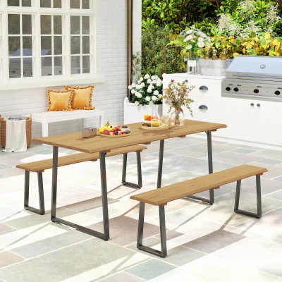 Outsunny Conjunto de Assentos 3 Peças em Madeira Conjunto de Jantar para 6 Pessoas Mesa com 2 Bancos Orifício para Guarda-sol Mesa de Madeira 178 x 76 x 77 cm Madeira Natural