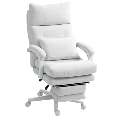 HOMCOM Poltrona giratória, aparência de linho, altura ajustável, reclinável até 160°, apoio para os pés, Creme branco