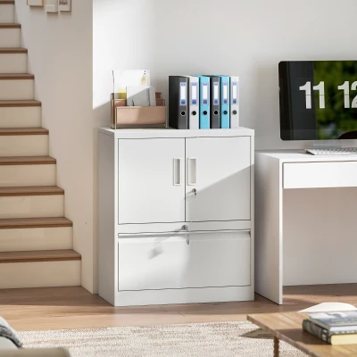 HOMCOM Armário de Arquivos Armário de Escritório com Fechadura Armário Multiuso em Aço com 2 Portas, Prateleiras Ajustáveis Branco