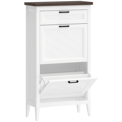 HOMCOM Shoe Cabinet 2 Flip Drawers Adjustable Shelves White