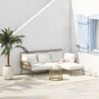 Outsunny Conjunto de 3 peças em rattan para jardim, PE-Rattan, 1 sofá de canto, 1 espreguiçadeira, inclui almofadas, resistente às intempéries, Café+Creme