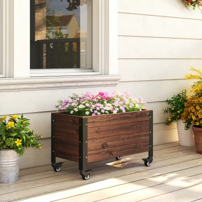 Outsunny Jardinera Exterior de Madera con Ruedas con Orificio de Drenaje y Tela no Tejida Macetero 60x30x41 cm Marrón Oscuro