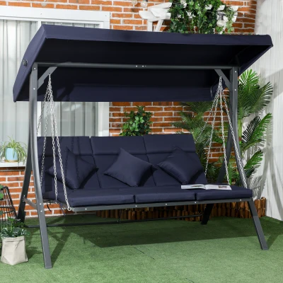 Outsunny Balanço estilo Hollywood para jardim, 3 pessoas, toldo ajustável, 198 x 118 x 168 cm, Azul Escuro