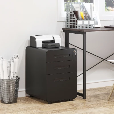Vinsetto Gaveteiro Móvel com 3 Gavetas, Arquivo com Rodízios e Fechadura, Armário de Escritório com Pastas Suspensas e Compartimento para Canetas, Gaveteiro para Mesa 39x48x59cm Preto