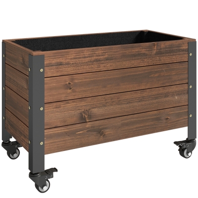 Outsunny Jardinera Exterior de Madera con Ruedas con Orificio de Drenaje y Tela no Tejida Macetero 60x30x41 cm Marrón Oscuro