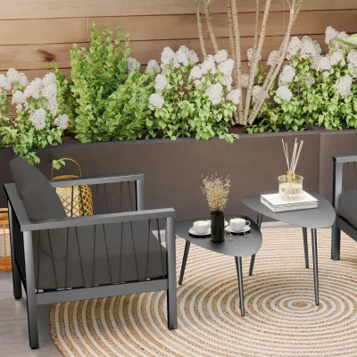 Outsunny Conjunto de 2 Mesas de Centro, Mesa de Varanda em Aço Resistente às Intempéries, Mesa de Apoio com Design Geométrico Preto
