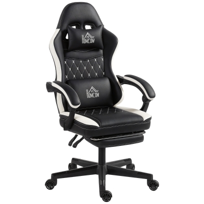 HOMCOM Cadeira gaming com apoio para os pés, cadeira de computador com apoio de cabeça & almofada, revestimento em couro sintético, giratória, altura ajustável, Metal, Plástico, Preto+Branco