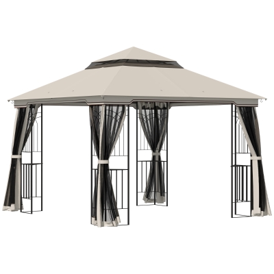 Outsunny Pavilhão de jardim com teto duplo Pavilhão Tenda de jardim Tenda de festa com 4 x parede lateral Metal+Poliéster Bege 2,99 x 2,99 x 2,74 m