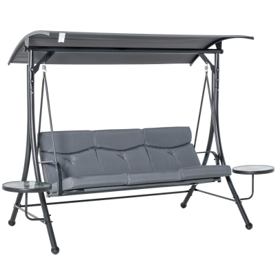 Outsunny Balanço Hollywood com Mesinhas, Balanço de Jardim 3 lugares com Toldo Ajustável 271 x 125 x 172 cm, Cinza