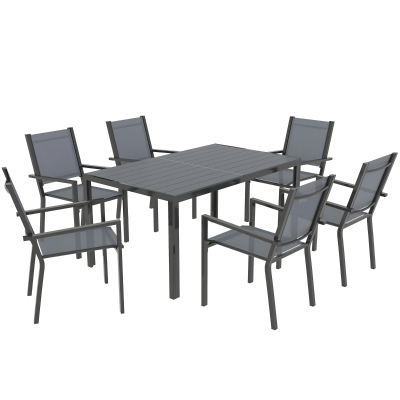 Outsunny Table Extérieure 150cm + 6 Chaises Empilables Acier Gris