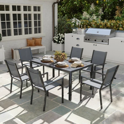 Outsunny Table Extérieure 150cm + 6 Chaises Empilables Acier Gris