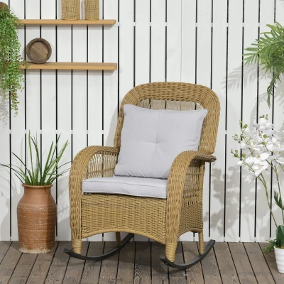 Outsunny Cadeira de balanço estilo boho, PE-rattan, cadeira de balanço em rattan, capas de almofadas laváveis, Natural + Cinza claro