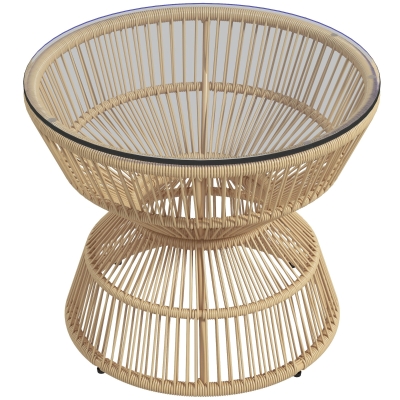 Outsunny Mesa Lateral Exterior Mesa de Jardim Rattan, Tampo de Vidro, PE-Rattan, 60 cm x 60 cm x 50 cm, Madeira Natural