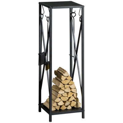 Outsunny Estante de Leña Metálico Leñero de Exterior con Ganchos Pala Cepillo Atizador y Tenazas Carga 65 kg 34x34x111 cm Negro