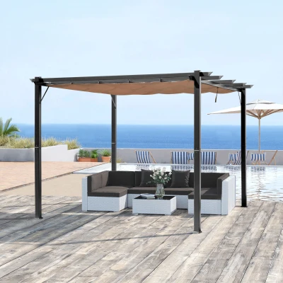 Outsunny Pérgola Pavilhão com toldo de tecido ajustável 3 x 4 m - Cobertura de varanda em alumínio para proteção solar, terraço e jardim - Cinza+Marrom