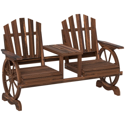 Outsunny Banco de Jardim 2 Lugares em Madeira Resistente às Intempéries com Orifício para Guarda-sol Pernas em Forma de Roda de Carroça 154x65x102 cm Carbonizado
