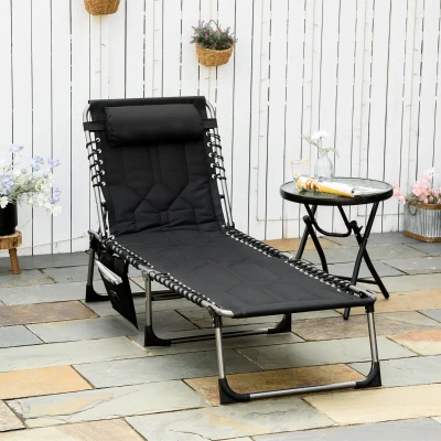 Outsunny espreguiçadeira, dobrável espreguiçadeira de jardim com almofada de cabeça, bolso lateral, espreguiçadeira com encosto regulável em 5 posições, espreguiçadeira de campismo resistente às intempéries até 130 kg, para jardim praia piscina, Preto