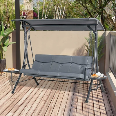 Outsunny Balanço Hollywood com Mesinhas, Balanço de Jardim 3 lugares com Toldo Ajustável 271 x 125 x 172 cm, Cinza