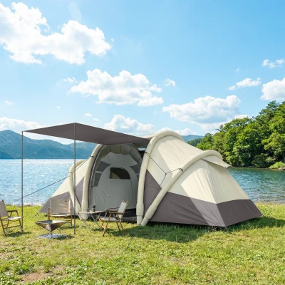 Outsunny Tente Gonflable 2-4P 2 Chambres Séjour Imperméable Gris