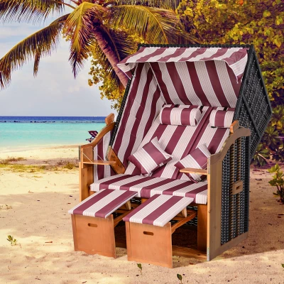Outsunny Cadeira de Praia tipo Strandkorb, 2 Lugares, Estrutura em Madeira de Pinheiro, Encosto Ajustável em 5 Posições, Cadeira de Praia com Apoio para Pés e Mesas Laterais, Trama em PE, Cadeira para Varanda, Vermelho+Branco