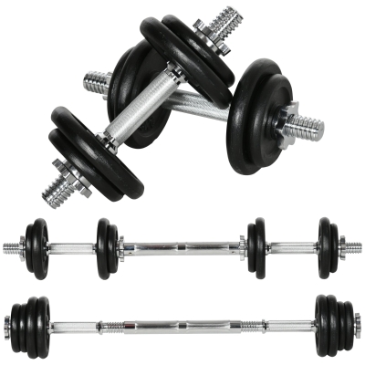 HOMCOM Haltere curto, Barra longa, 2 em 1, 20 kg, 8 discos, inoxidável, ferro, preto, 95 x 16 x 16Hcm
