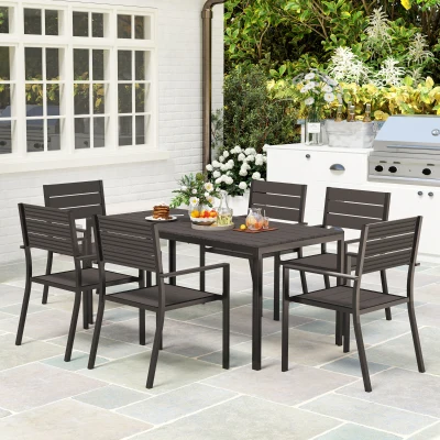 Outsunny Conjunto de 7 peças para 6 pessoas Mesa de jantar com 6 cadeiras Mesa ripada Castanho escuro