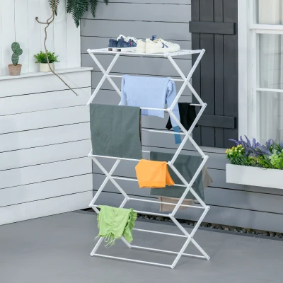 HOMCOM Varal dobrável 8 níveis torre de secagem varal de torre varal metálico peças em plástico branco 74 x 35 x 144 cm